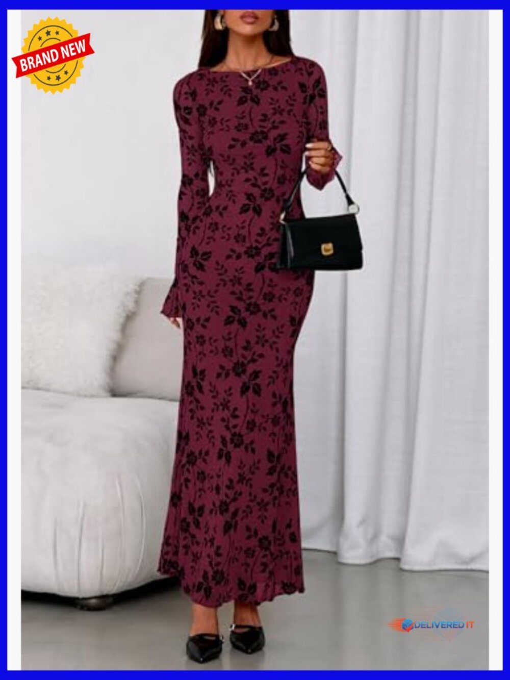 Floral Bodycon Maxi Dress Long Sleeve Boat Neck Stretch Formal - Picture 5 of 7